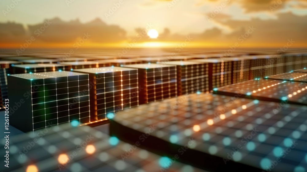 Poster sunset reflection over digital data arrays coastal technology hub visual content urban environment a