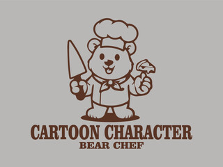cartoon character of bear chef logo vector illustration, cute bear chef mascot logo vector illustration template design and teddy bear smiling logo design vector illustration