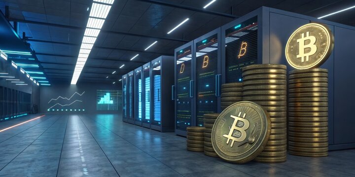 Modern cryptocurrency mining facility showcasing Bitcoin stacks and digital data analytics