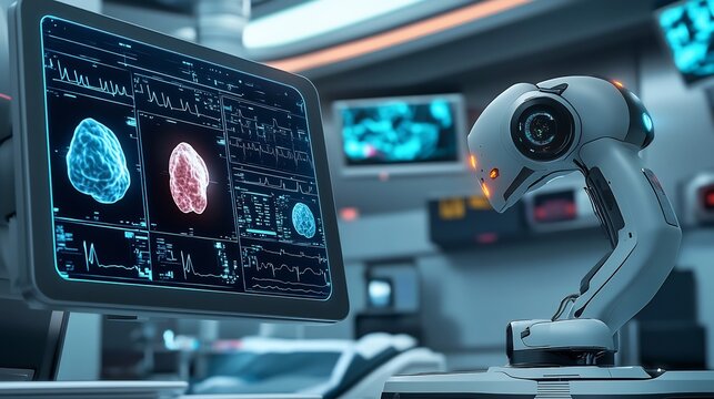 Futuristic AI assisted cancer detection system analyzing complex medical scans