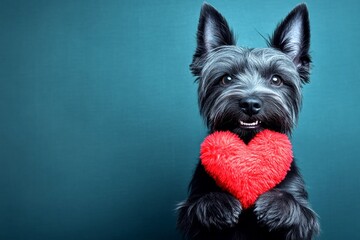 Scottish terrier - my treasured dog. Cute scottish terrier canine with fluffy red heart - emblem of love, funny greeting card. Ad campaign visual idea. Pet photography. Heartwarming pets.
