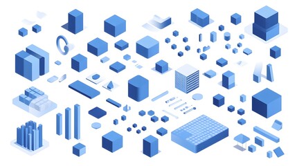 Isometric representation of abstract blue shapes scattered on a plane