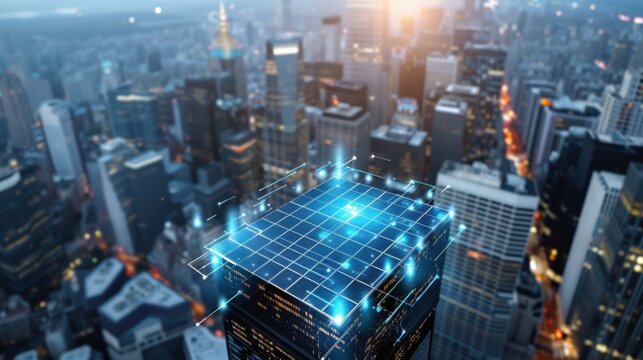 Futuristic urban skyline development new york city digital technology aerial view smart architecture concept