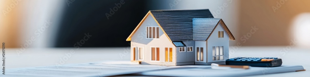 Poster minimalist home financing setup chic paper model house on sleek documents with calculator - real est