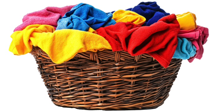 A wicker laundry basket brimming with vibrant, colorful clothes.