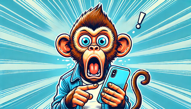 An illustration of monkey with wide, surprised eyes, holding a smartphone