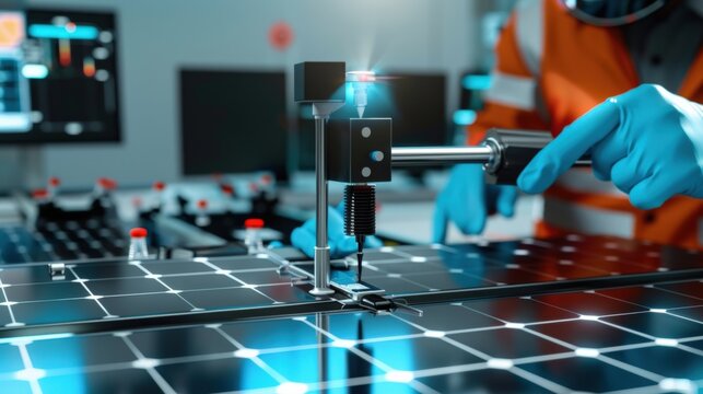 Solar panel inspection process industrial laboratory technical photography high-tech environment close-up view renewable energy focus
