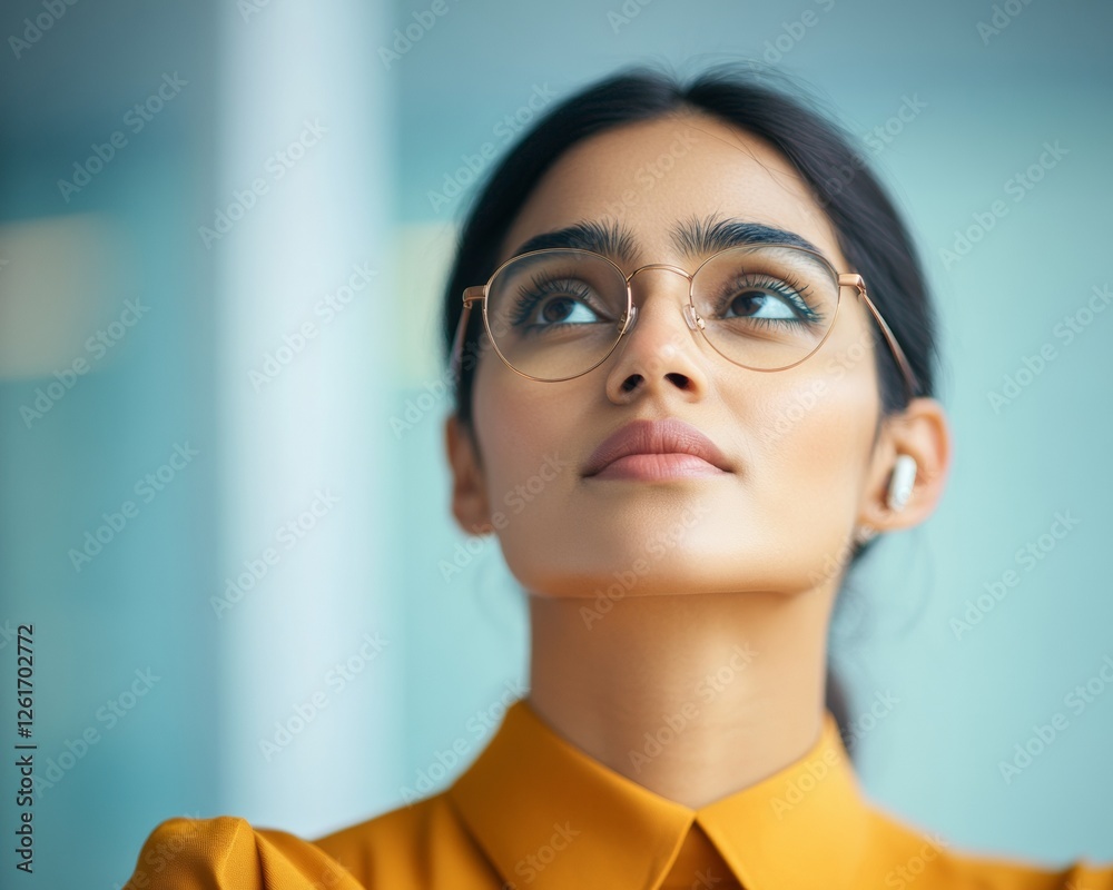 Aufkleber Adaptive Workwear Elegance Professional Indian Woman in Ergonomic Setting with Hearing Aid and Digital Tablet - Business Innovation and Continuous Skill Development in Modern Offices