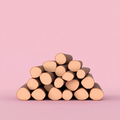 Stacked firewood logs arranged neatly against soft pink background, creating warm and inviting atmosphere