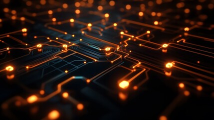 Glowing circuit board with orange pathways and nodes illuminated