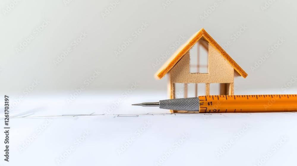 Leinwandbilder modern minimalist blueprint visualization with wooden model and precision tools - architectural desi