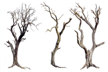 Fototapeta premium Four dead trees, isolated, white background, design element