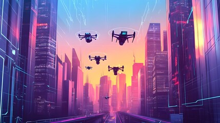 Fototapeta premium Several drones fly over a futuristic city at sunset