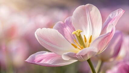 Fototapeta premium Single dreamy surreal pink flower. The image symbolizes beauty, fragility, life, rebirth, and the power of nature. Ethereal pale pink flower with flowing petals against a blue background.