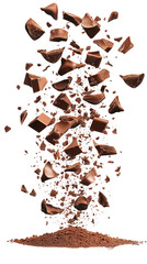 Flying dark chocolate pieces with choc flake isolated on transparent white background, clipping path