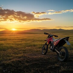 Obraz premium Vibrant Sunset Over Open Fields with Motorcycle Captured in Golden Hour Light
