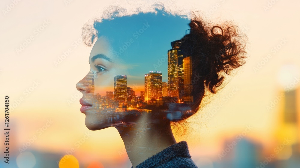 Poster Futuristic Digital Transformation Holographic Cityscape in Mind - Advanced User Interfaces and Tech Innovation for Urban Workspaces