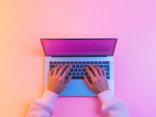 Vibrant Gradient Workspace Dual-Screen Laptop Setup with Sleek Desk Organizer for Enhanced Remote Productivity Modern Digital Solutions in Creative Tech Environments