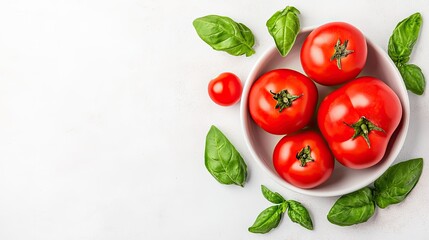 Fototapeta premium Fresh red tomatoes and basil leaves arranged in a bowl on a light background, showcasing vibrant colors