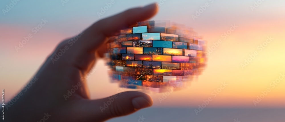 Poster dynamic visuals in tech hand holding digital mosaic sphere at sunset - innovation and aesthetic inte
