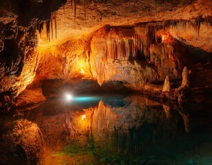 Exploring the Mystical Beauty of a Hidden Cave with Stalactites Glowing Under the Light of a Lantern Reflecting in a Crystal-Clear Pool