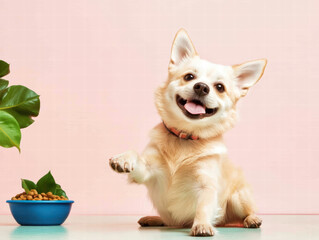 Fototapeta premium joyful dog playing with toy beside bowl of nutritious food, showcasing happy expression. vibrant colors and playful demeanor create cheerful atmosphere
