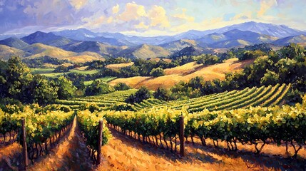 Scenic Vineyard Landscape with Rolling Hills, Golden Grapevines and Majestic Mountain Backdrop