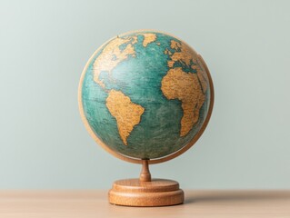 Modern Educational Aesthetic Wooden Globe on Minimalist Study Table for Global Awareness Content in Classroom Learning - Cultural Geography and Academic Merchandising
