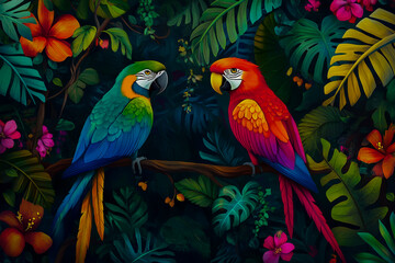 Obraz premium A vivid and eye-catching image of two lively parrots sitting in a lush tropical forest.