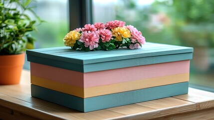 Colorful decorative box with flowers on top, placed on a wooden table near a window with greenery
