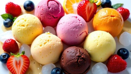 balls of fruit ice cream with strawberries and berries