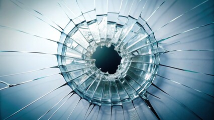 Naklejka premium Broken Glass Hole, Ball Impact, White Background - Stock Photo