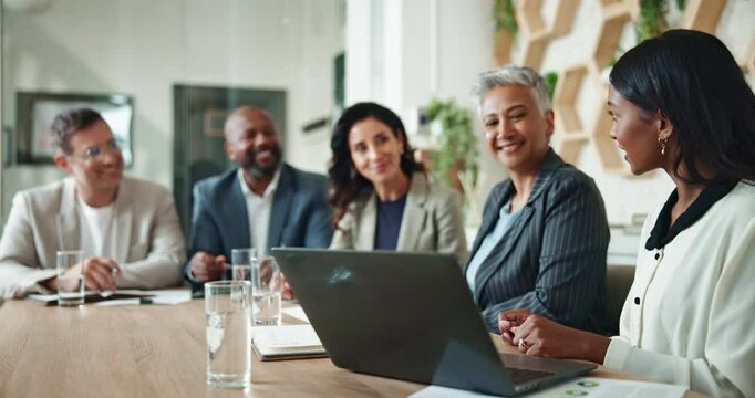 Business woman, financial advisor and presentation with laptop, budget and audit for customer portfolio. People, accountant or agent meeting with tech for consultation advice or assistance review