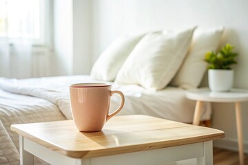 Obraz premium Ceramic Mug Mockup: White Bedside Table, Cozy Interior Design