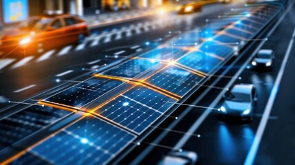 Fototapeta premium Innovative solar road technology enhancing urban transportation city streets digital art night scene futuristic concepts