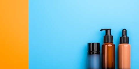Contemporary Minimalist Beauty Flatlay Black Glossy Skincare Bottles on Vibrant Blue and Orange - Premium Aesthetic for Digital Beauty Marketing and Retail Showcase