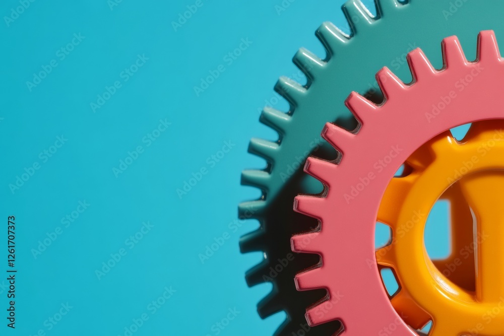 Poster vibrant mechanical gear assembly colorful interlocking components on bold blue - modern industrial d