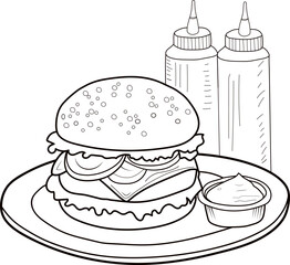 Burger coloring page, outline, simple drawing vector illustration design

