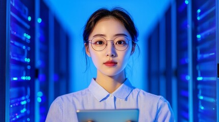 Tech-Driven Cybersecurity Korean IT Professional in Smart Attire Monitoring Secure Servers with Encrypted Data on Tablet Modern Business Intelligence Solutions