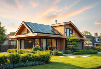 Eco-friendly modern house with solar panels, generative ai