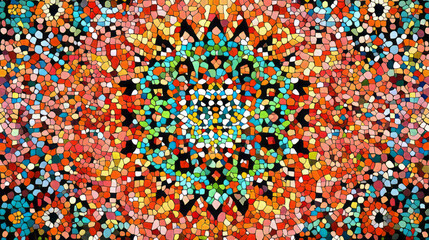 "vibrant and colorful abstract mosaic pattern background with intricate geometric and kaleidoscope design featuring stained glass, multicolored stone, and mosaic tile texture artwork"