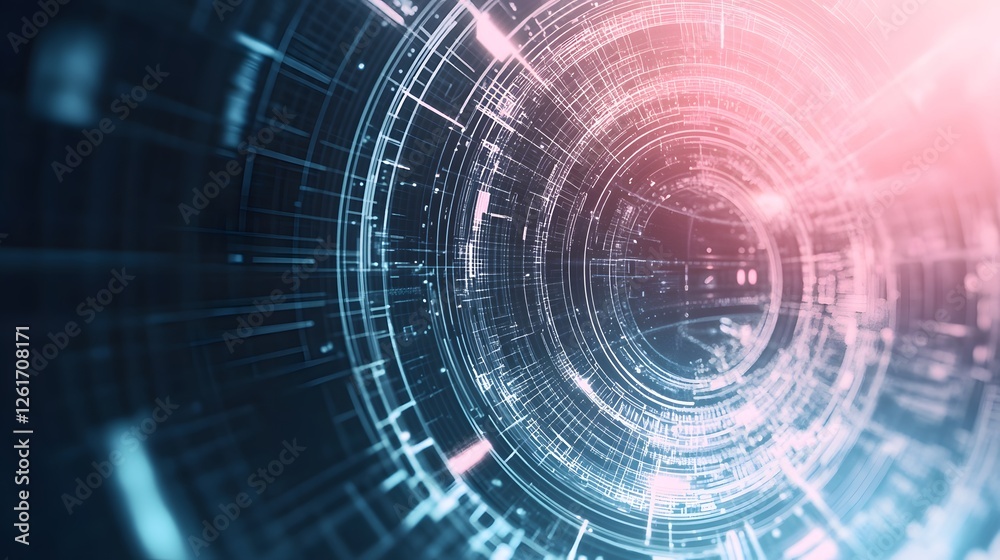 Wall mural abstract digital tunnel with glowing lines and circular forms