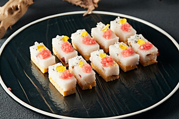 Two-color millet glutinous cake decorated with fruit grains
