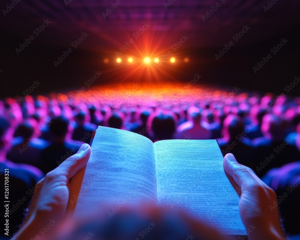 Leinwandbilder tech-infused conference experience audience in rows, illuminated stage and visual projections dynami
