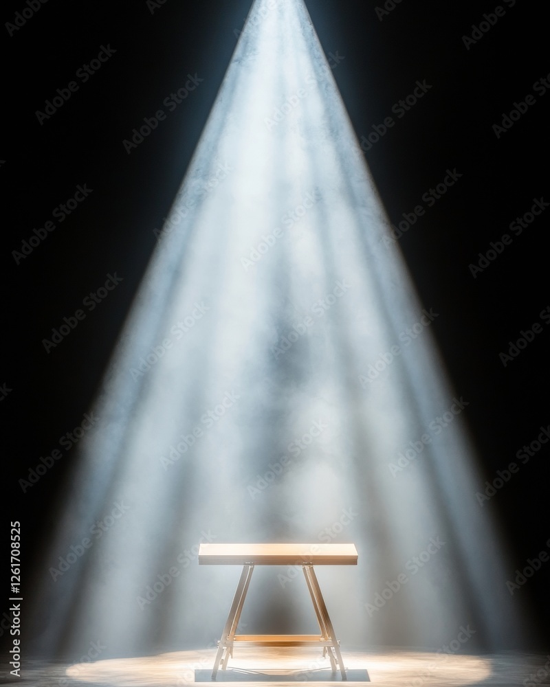 Poster dynamic stage lighting with minimalist setup wooden platform under spotlight in dark venue - live pe