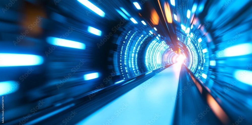 Wall mural abstract futuristic background with blue glowing lights and a blurred data center or server room in 