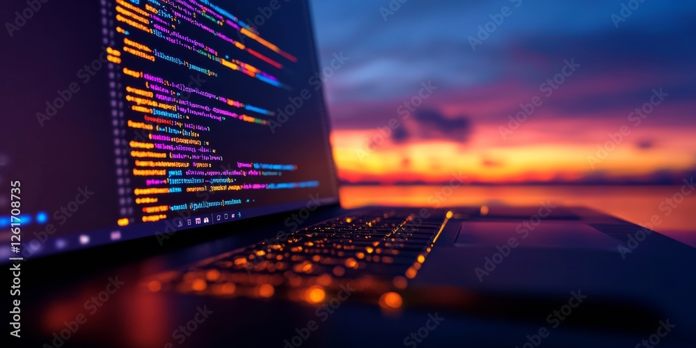 Poster Neon-Coded Tech Workspace Dual Monitors in Sleek Modern Design - Empowering Digital Literacy and Collaborative Software Development Skills for Innovative Programming Education
