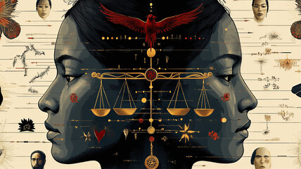 Golden Scales of Justice with a Dramatic Red Light and Dark Background Representing Law and Balance