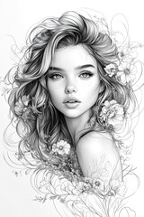 Fototapeta premium A woman with long hair and a flowery background. The woman has a very pretty face and is smiling