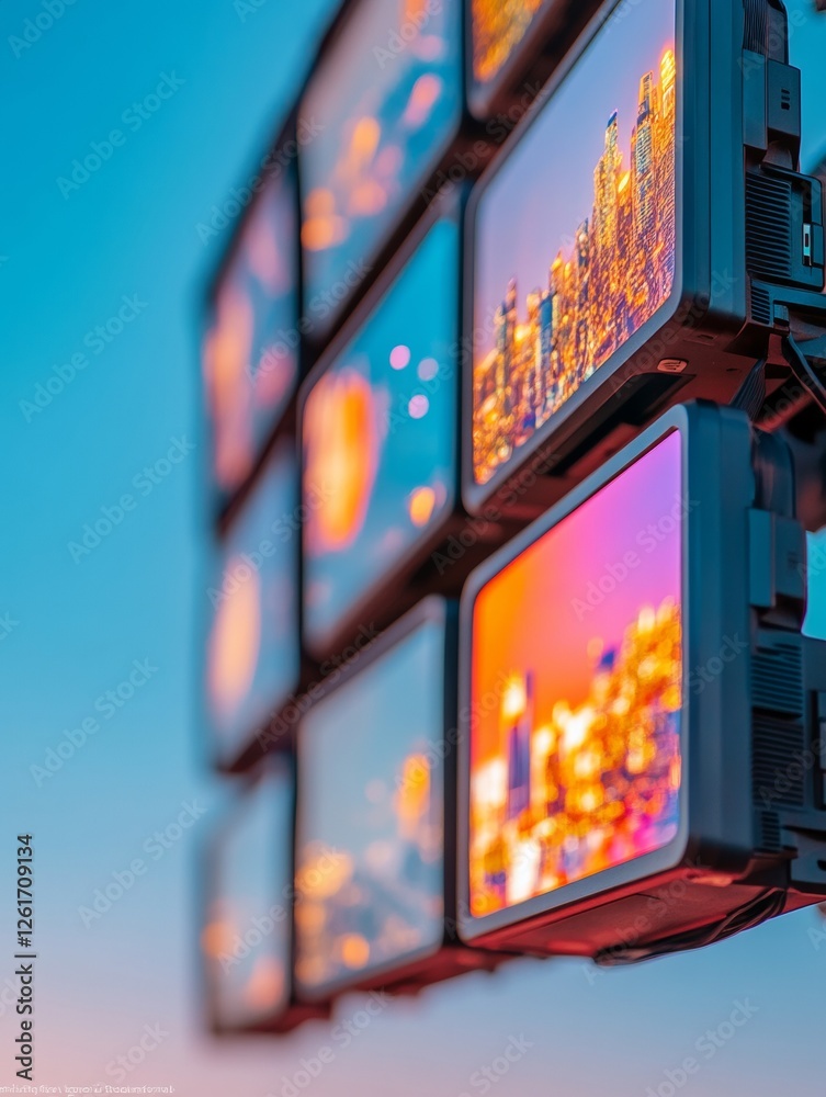 Poster futuristic media display high-resolution led screens with vibrant cityscape - digital journalism enh